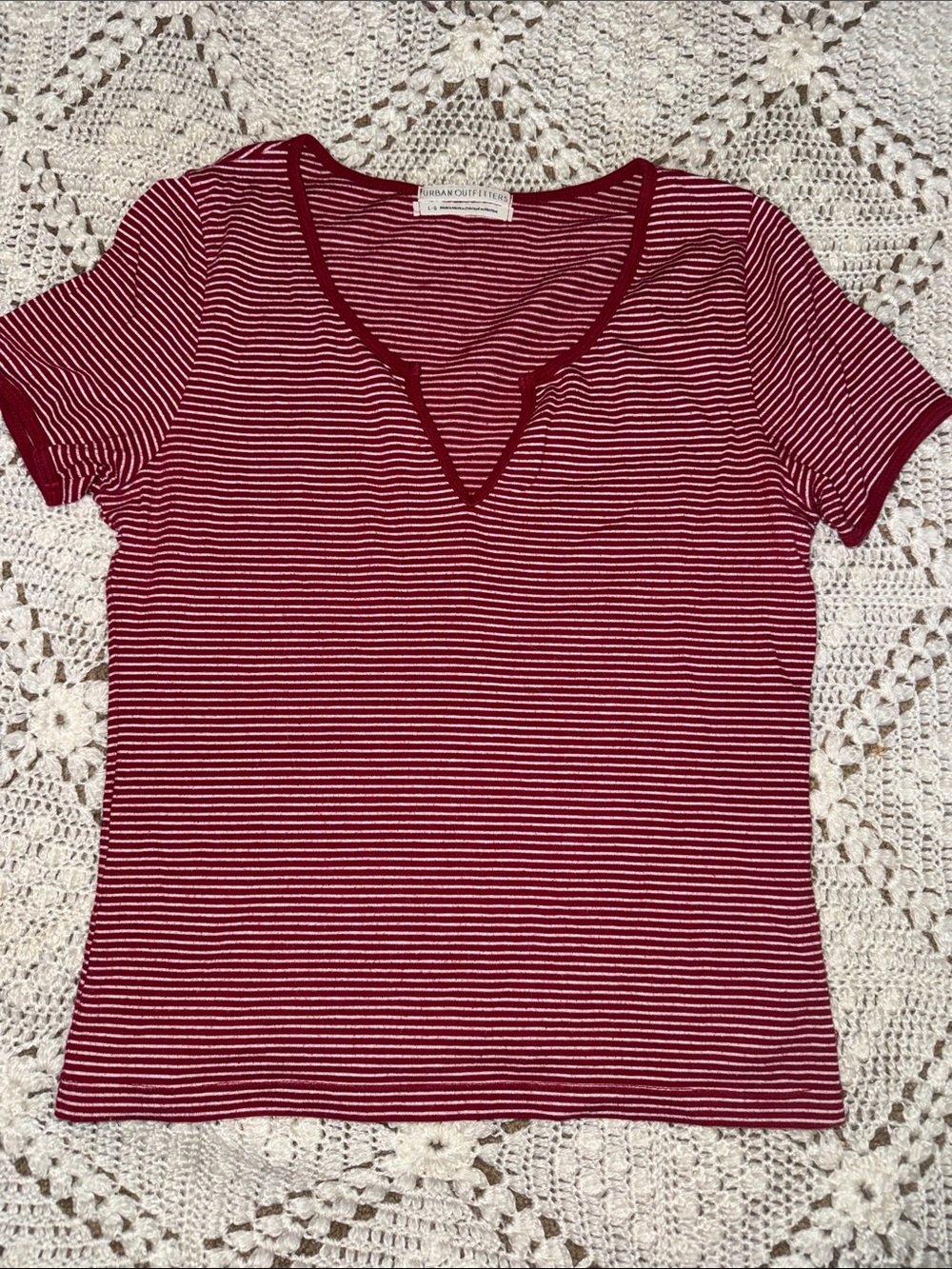 Urban Outfitters Red & White Striped V-Notch Short Sleeve Tee